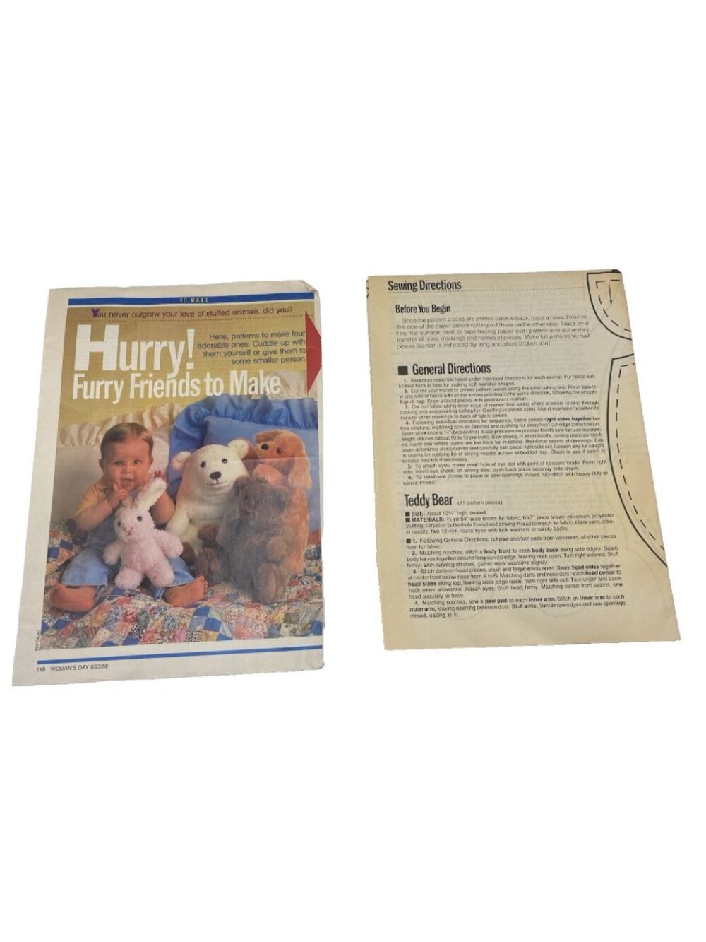 Vintage 1988 Woman's Day Plush Sewing Pattern Teddy Bear Bunny Dog Puppy